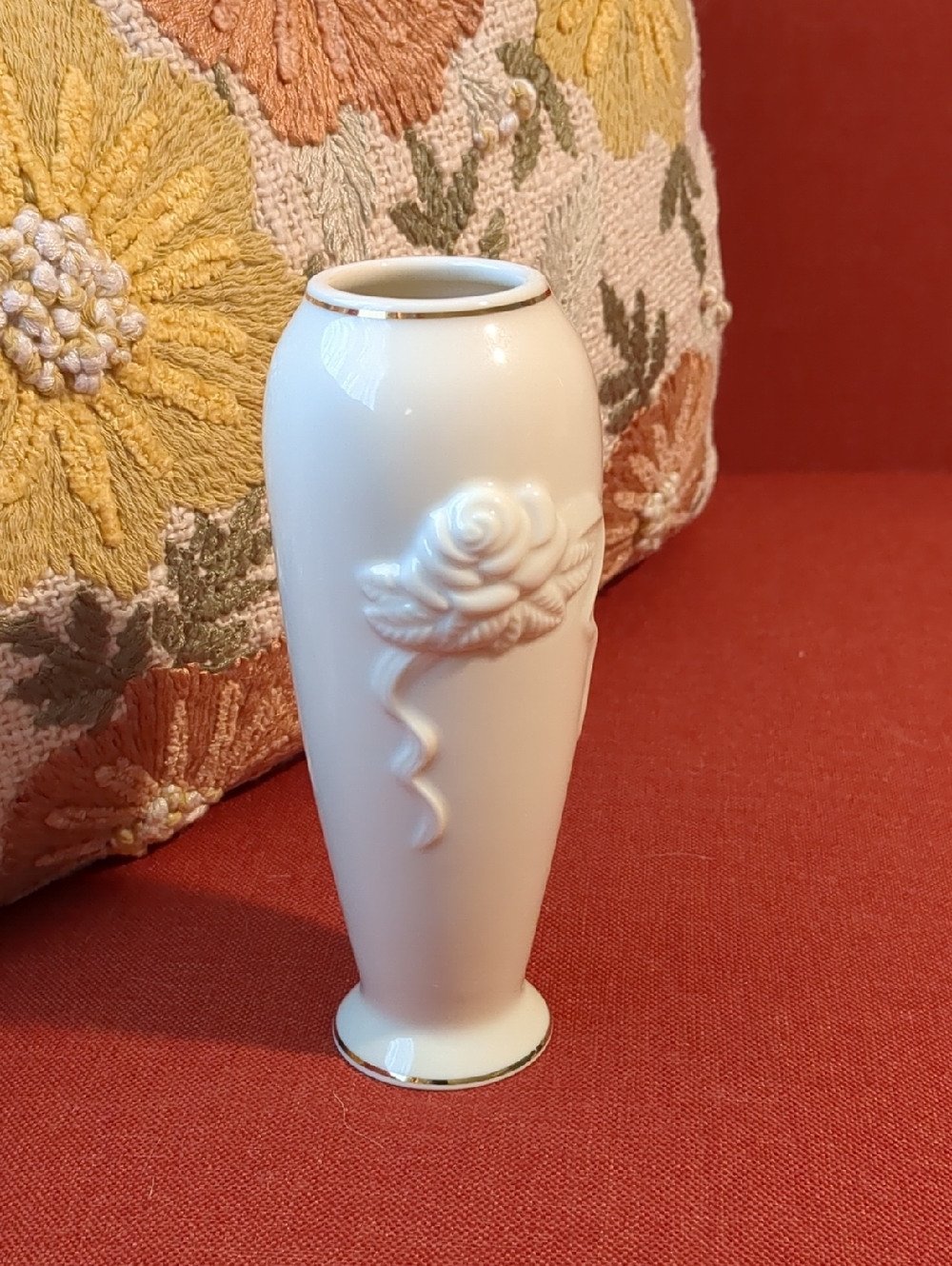 Lenox Cream Colored Floral Relief Bud Vase with Gold Trim